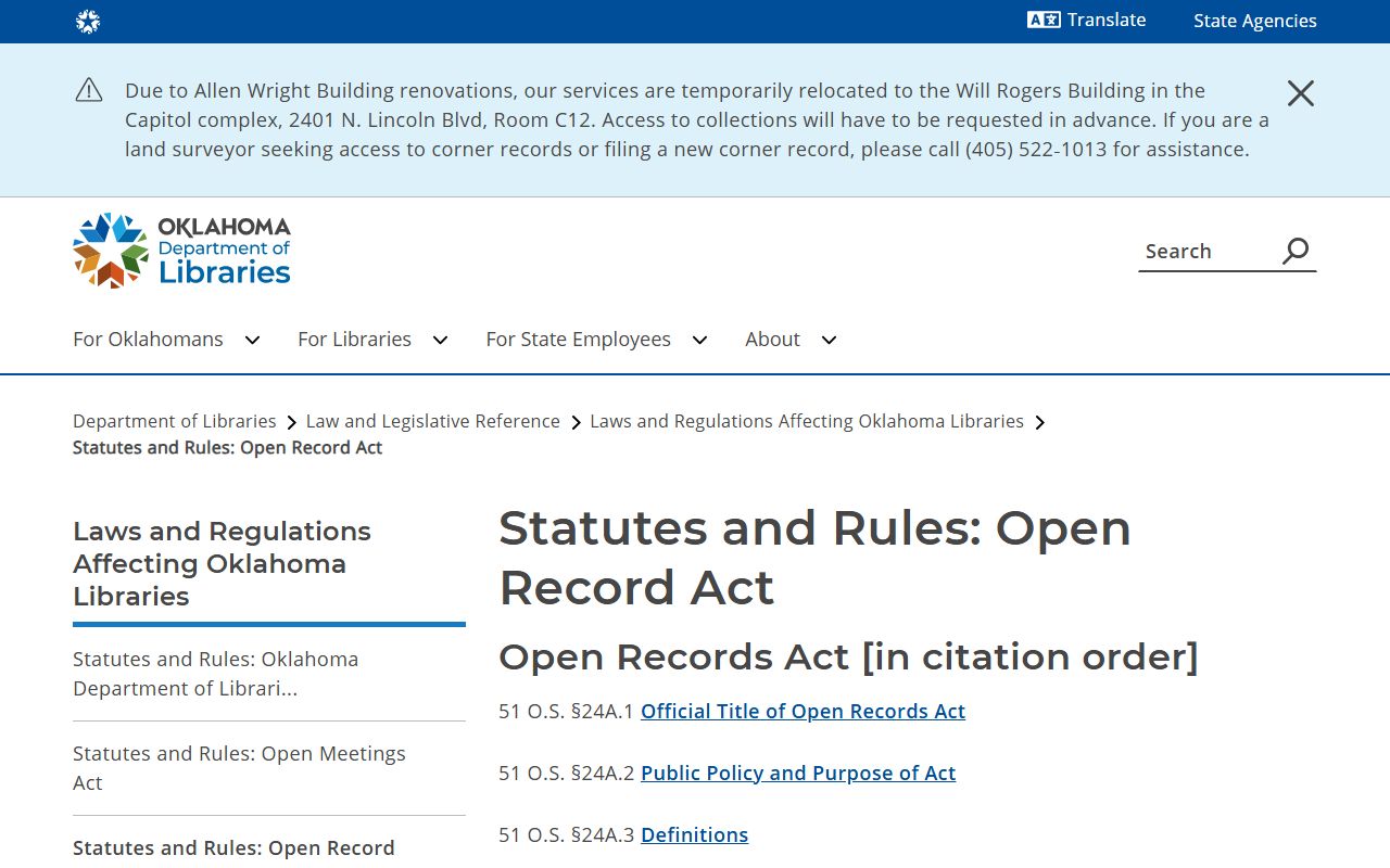 Oklahoma Open Records Act reference page guiding Jackson County Court Clerk records access