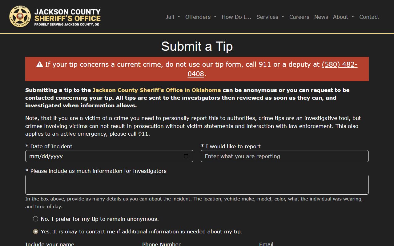 Jackson County arrest records: Sheriff's Office crime tip form