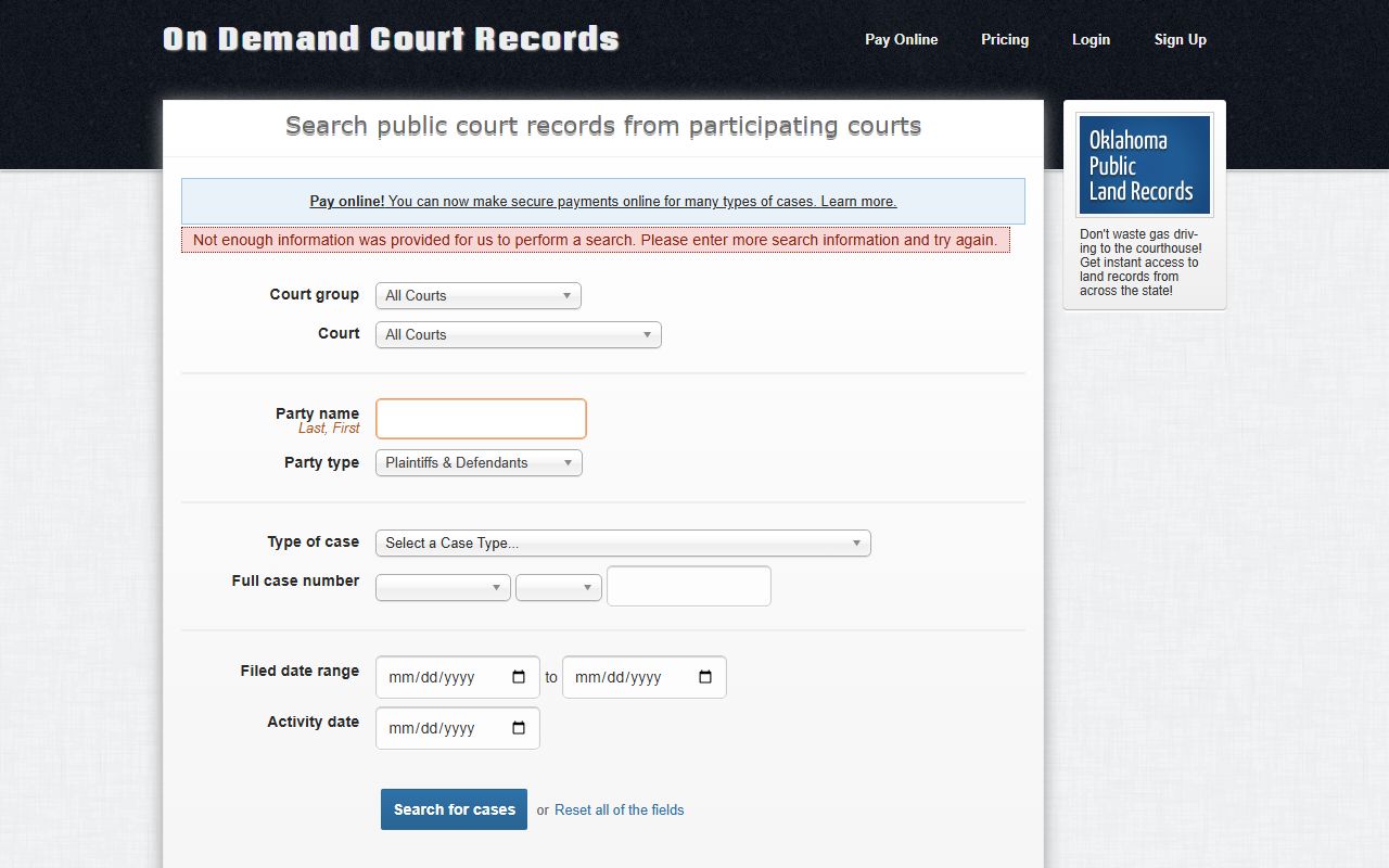 ODCR public search page for Jackson County court records