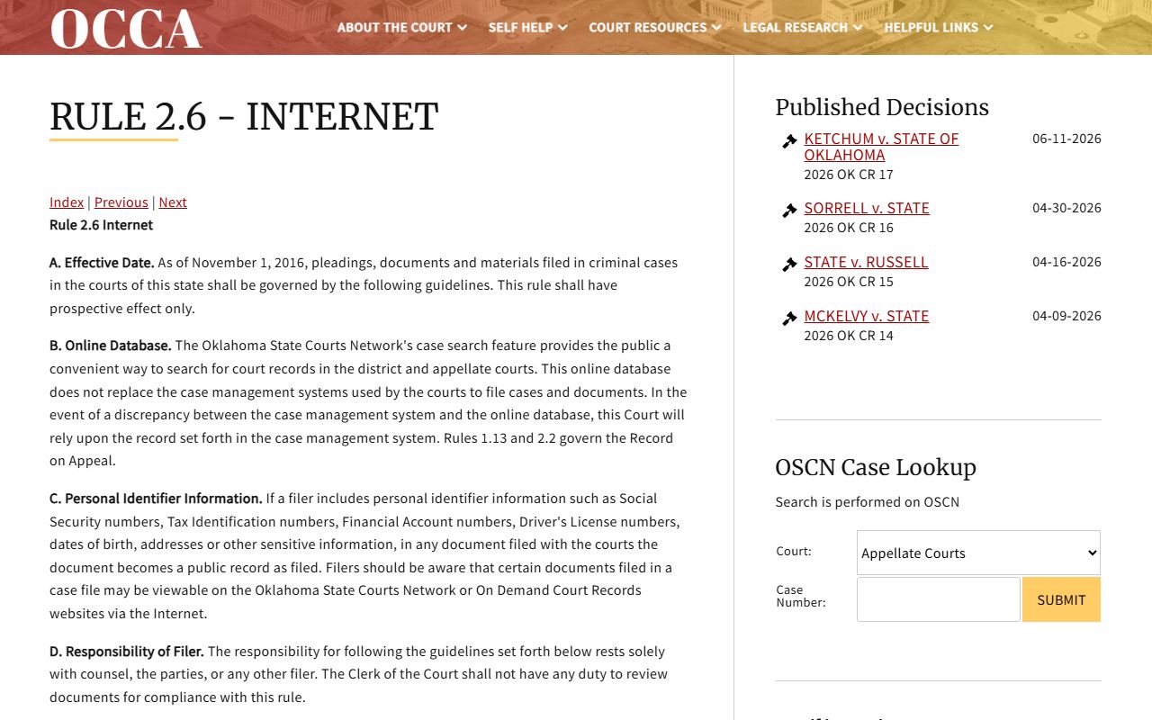 OKCCA Rule 2.6 page on online Jackson County court records search