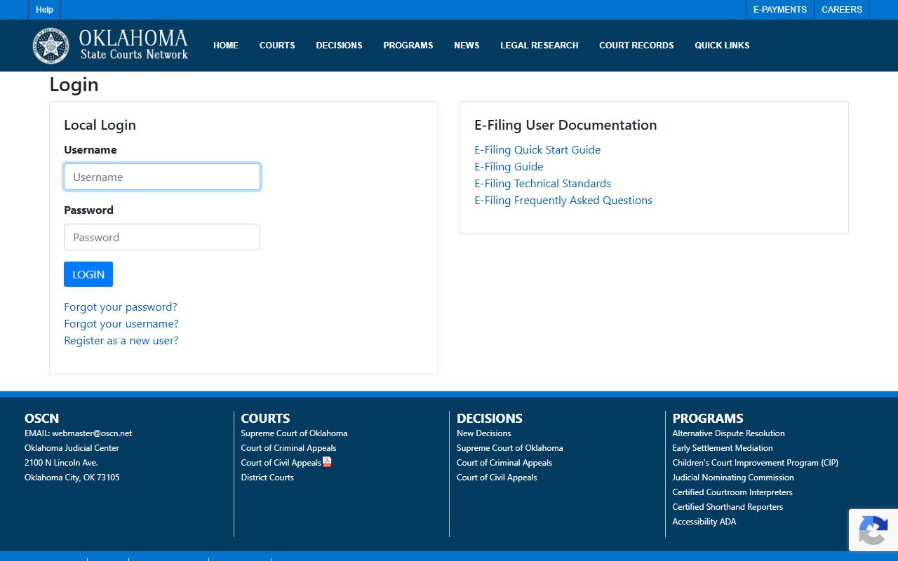Oklahoma e-filing login screen for Jackson County court records