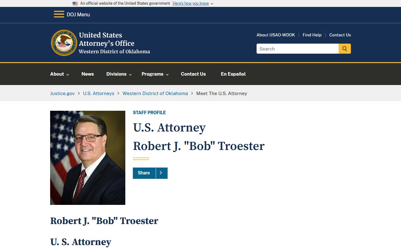 Jackson County criminal court records context: U.S. Attorney profile for the Western District of Oklahoma