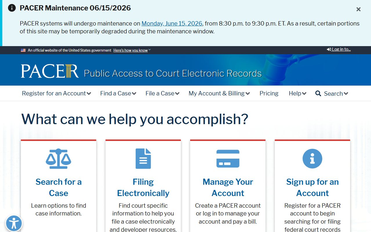PACER home page for Jackson County federal court records access