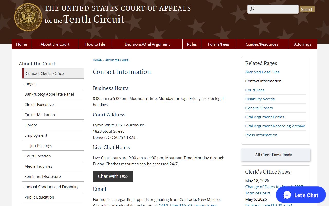 Tenth Circuit clerk contact page for Jackson County federal case access