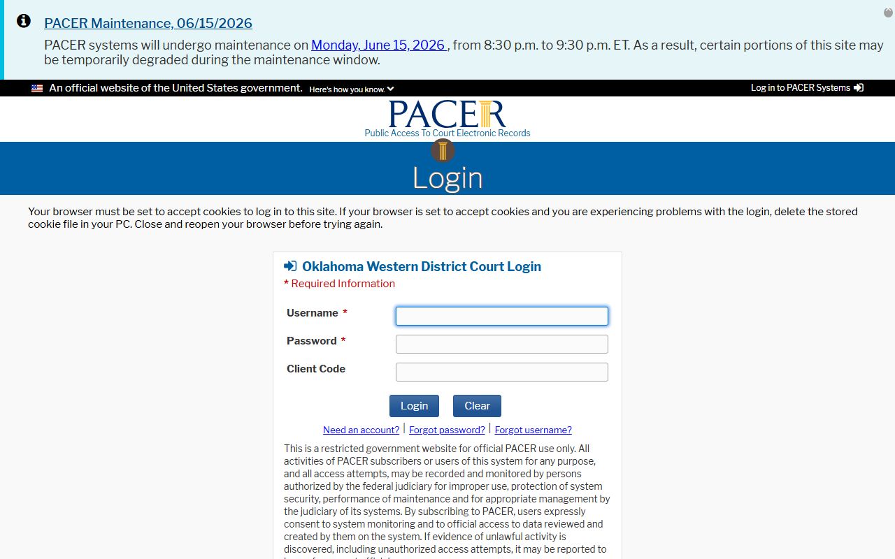 Western District CM/ECF login for Jackson County federal case filing