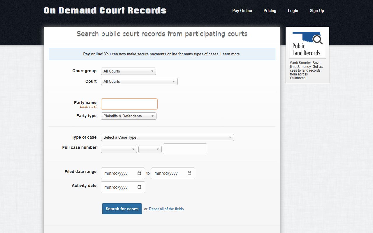 Jackson County court records search on the ODCR public portal home page