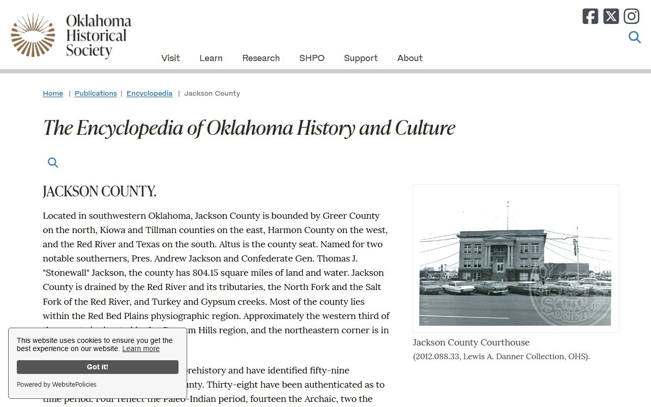 Jackson County court and county history on the Oklahoma Historical Society entry page