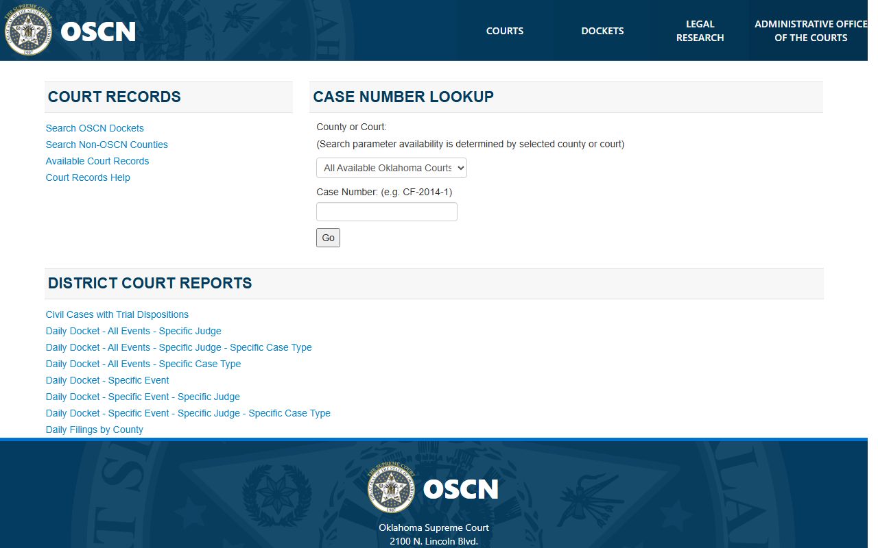 Jackson County court records and docket search tools on the OSCN court records landing page