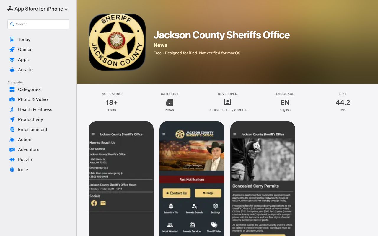 Jackson County warrant lookup on the Sheriff's Office Apple App Store listing