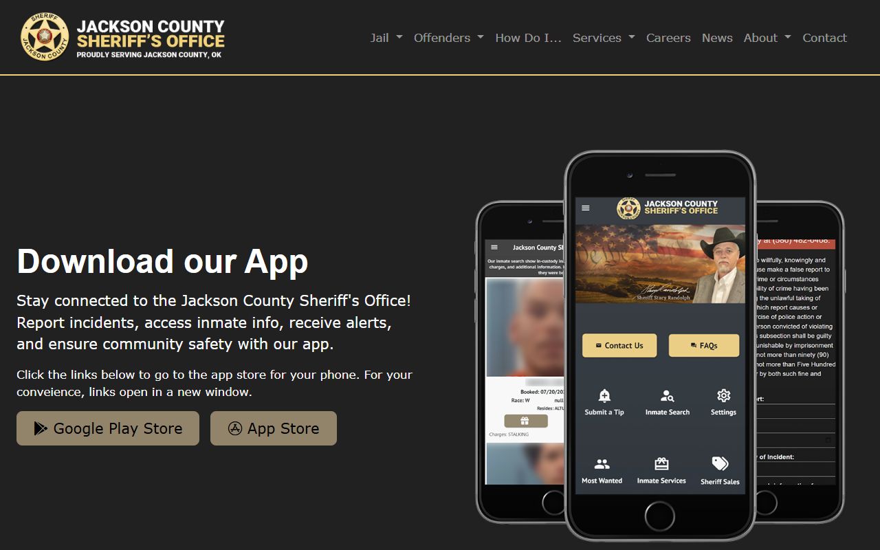 Jackson County Sheriff's Office app page for warrant and wanted-person lookups