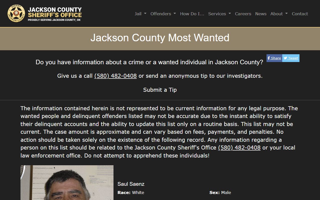 Jackson County warrant listings on the Sheriff's Office Most Wanted page